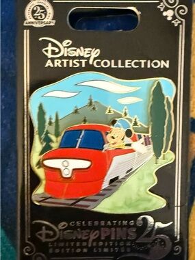 Disney Red Train Enamel Pin with Blue Windshield and Green Scenery